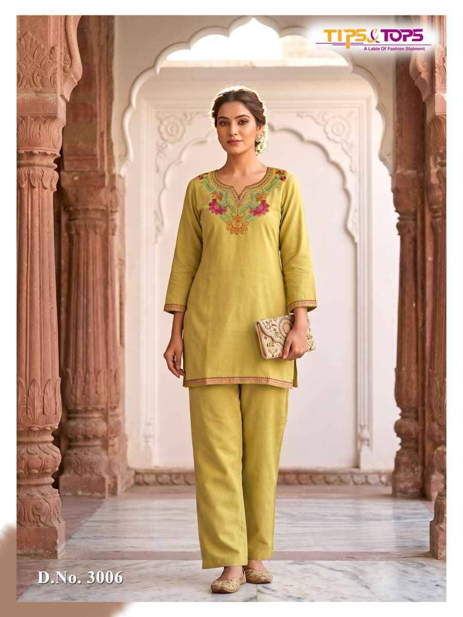 TRENDY TOUCH By TIPS & TOPS 3001 To 3006 Series Designer Collection Rayon Co-ord Set At Wholesale Price